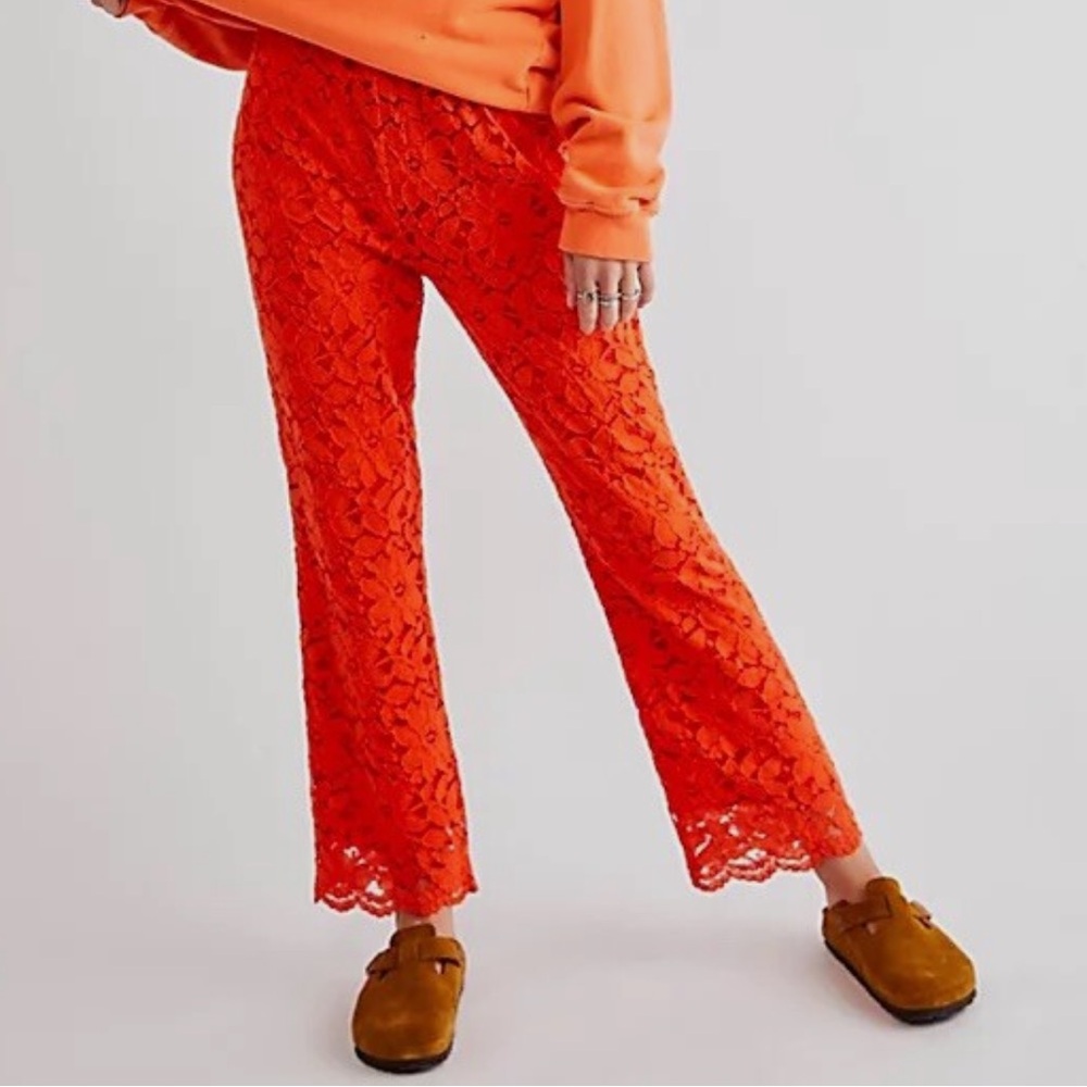 Free People M Wild Lace Flare Pants Floral Lace Orange Cropped Pull On Band